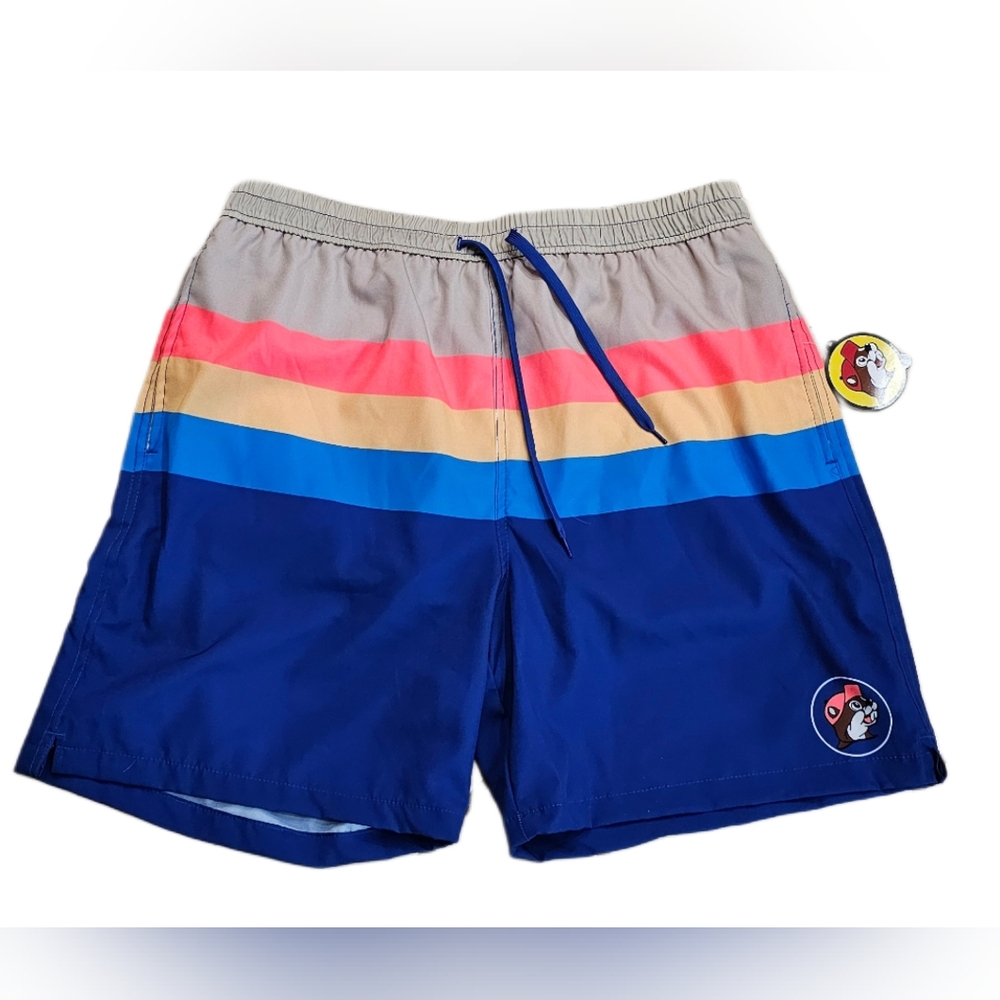 Buc-ee's Swim Trunks Stripe Shorts Men 2XL Beaver Drawstrings Mesh Lined Pockets